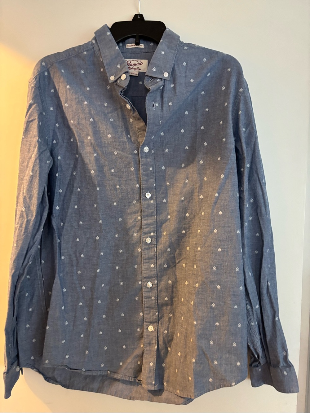 Original Penguin Blue Long-Sleeve Button-Down Shirt with Anchor Print
